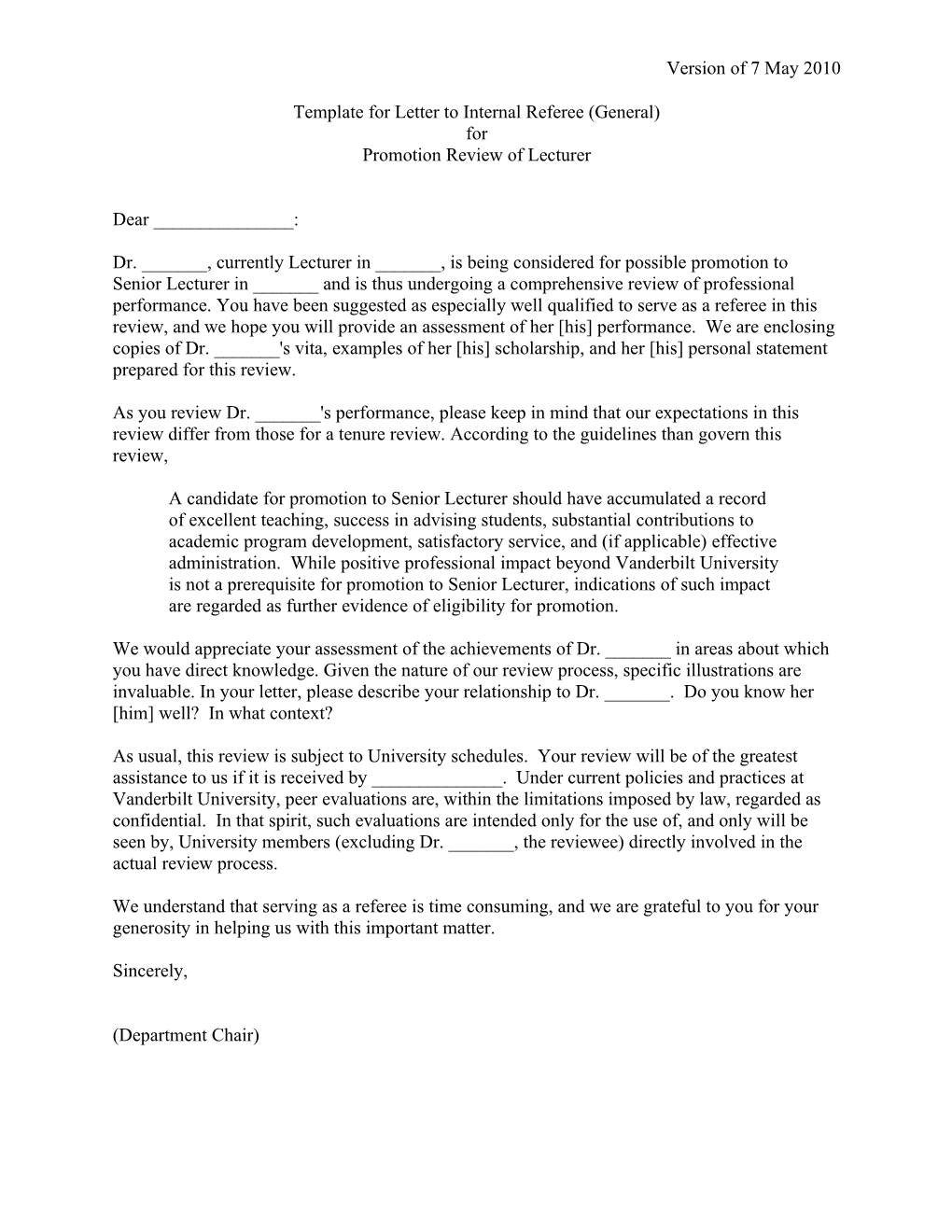 General Form of Letter to Faculty Referee