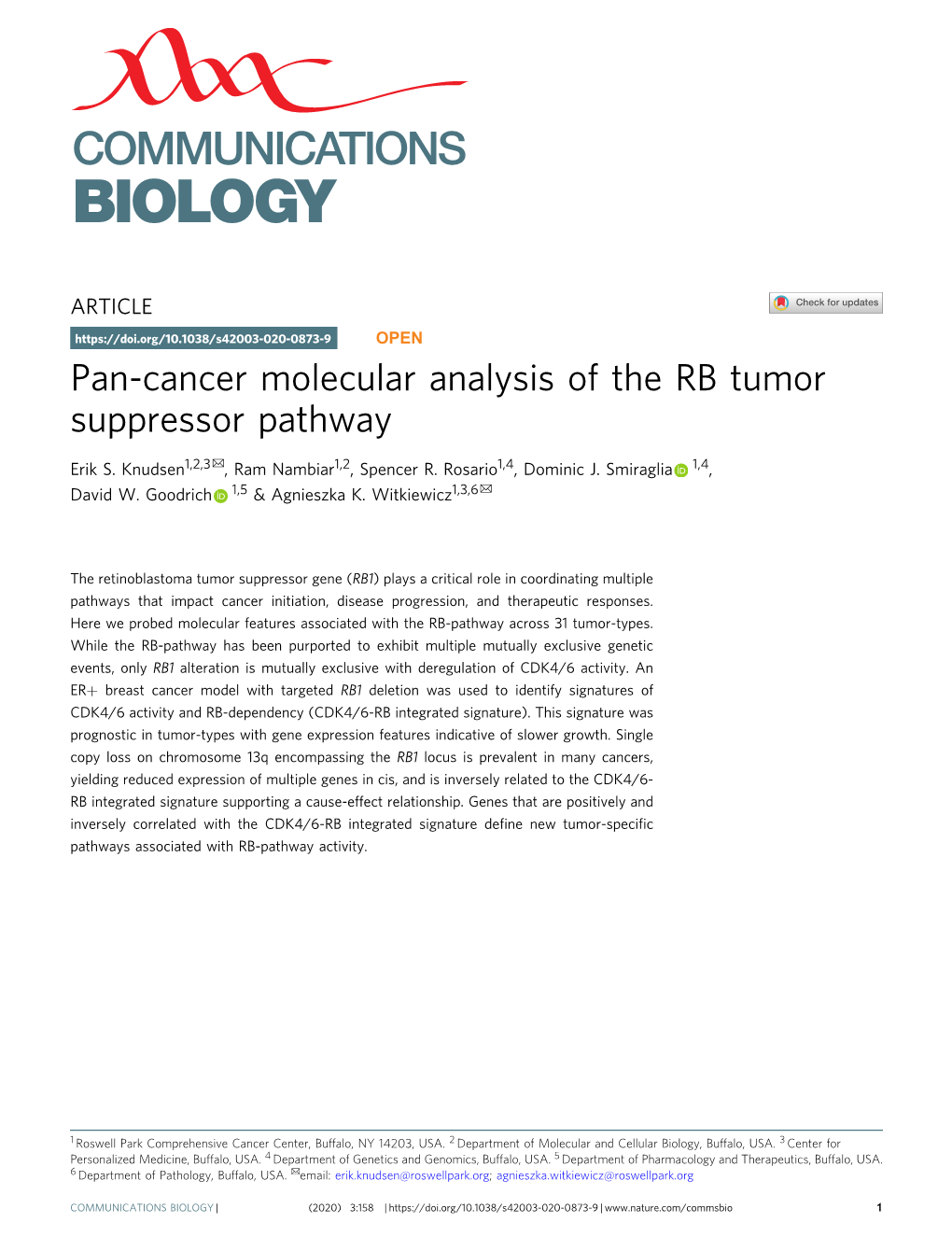 Pan-Cancer Molecular Analysis of the RB Tumor Suppressor Pathway ✉ Erik S