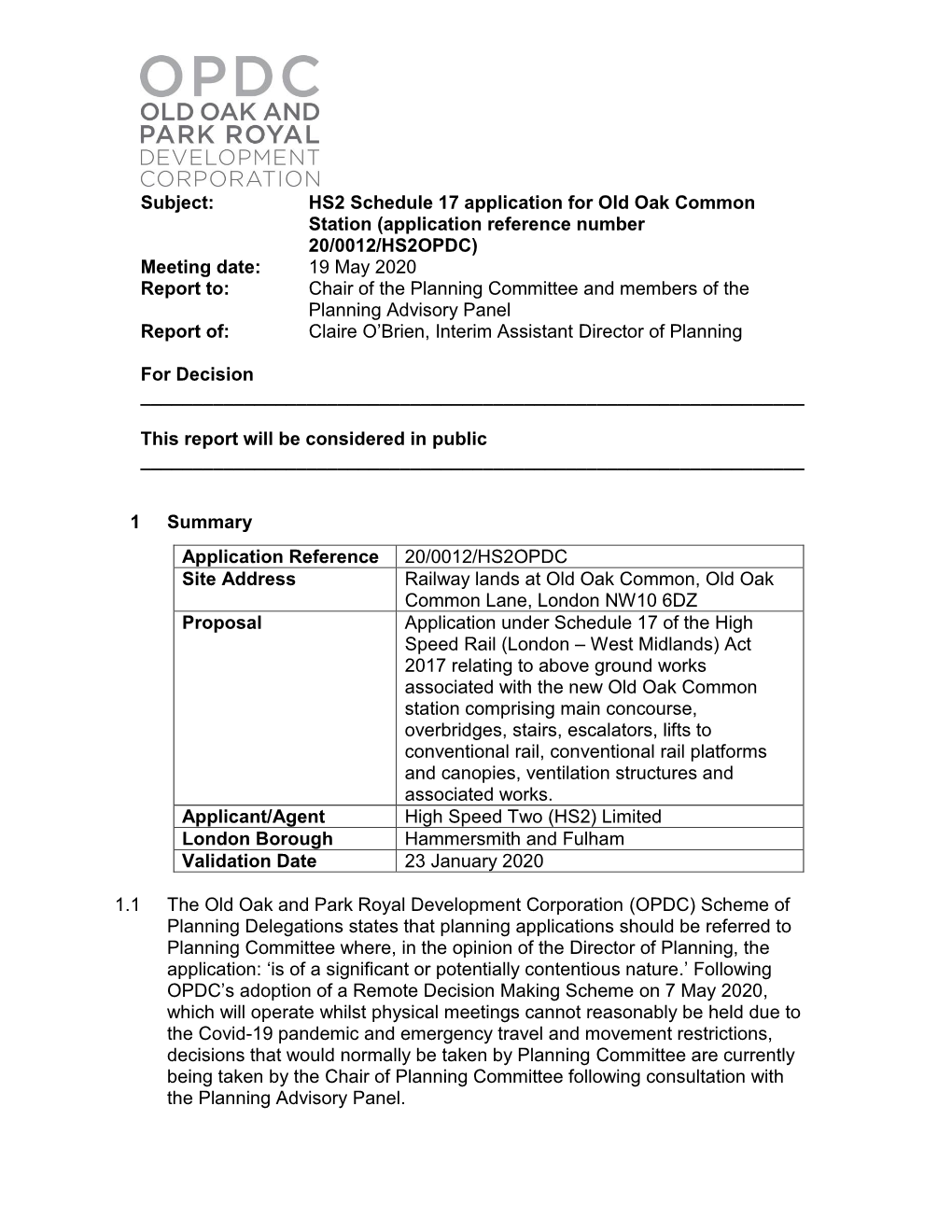 Subject: HS2 Schedule 17 Application for Old Oak Common Station