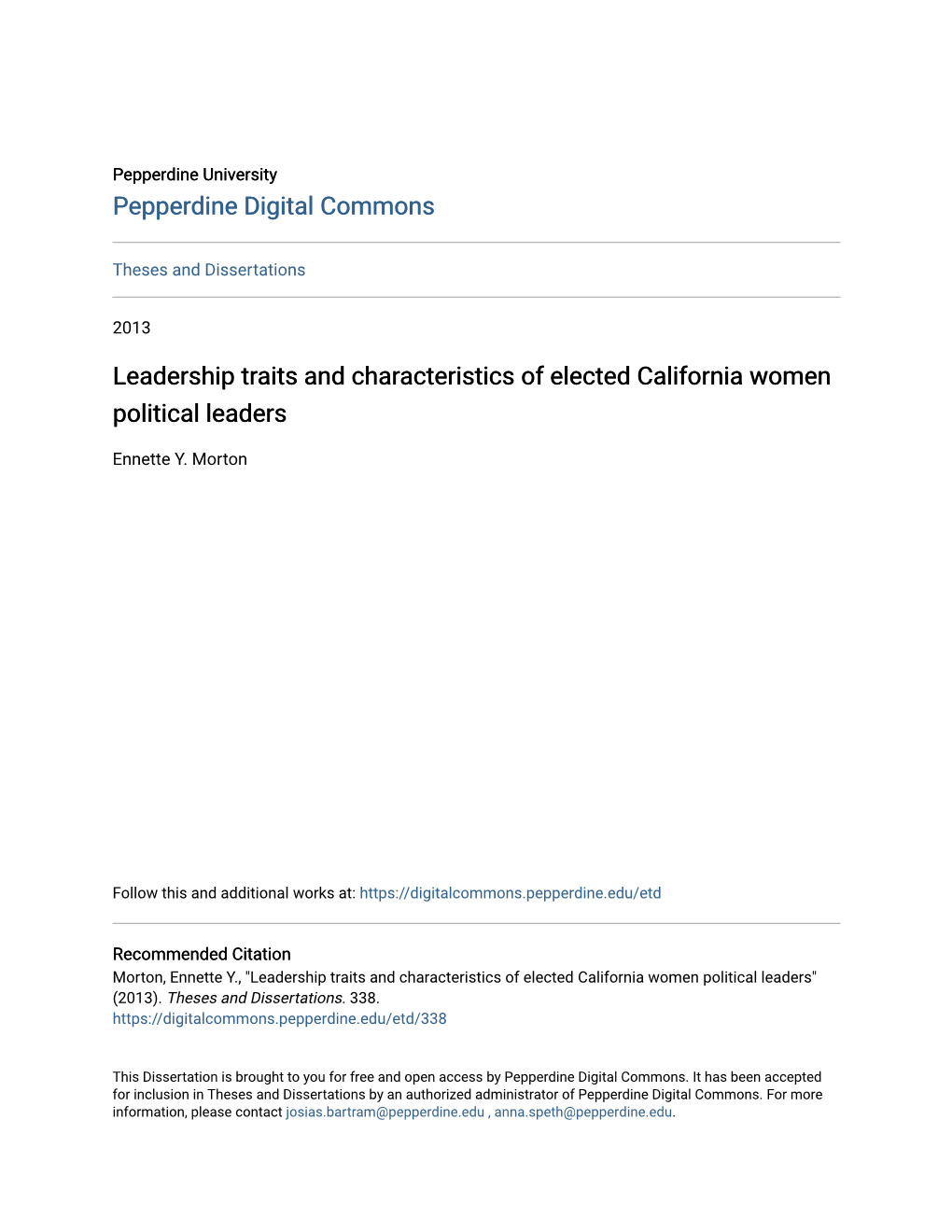 Leadership Traits and Characteristics of Elected California Women Political Leaders