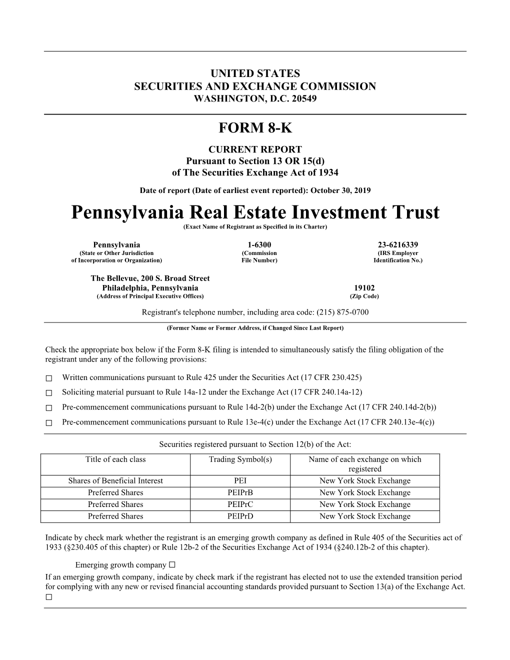 Pennsylvania Real Estate Investment Trust (Exact Name of Registrant As Specified in Its Charter)