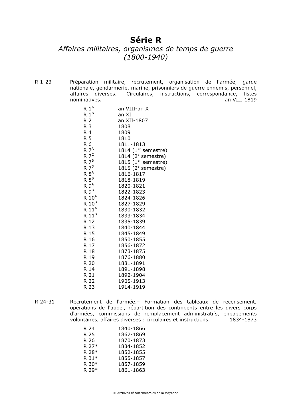 Série R Affaires Militaires, Organismes De Temps De Guerre (1800-1940)