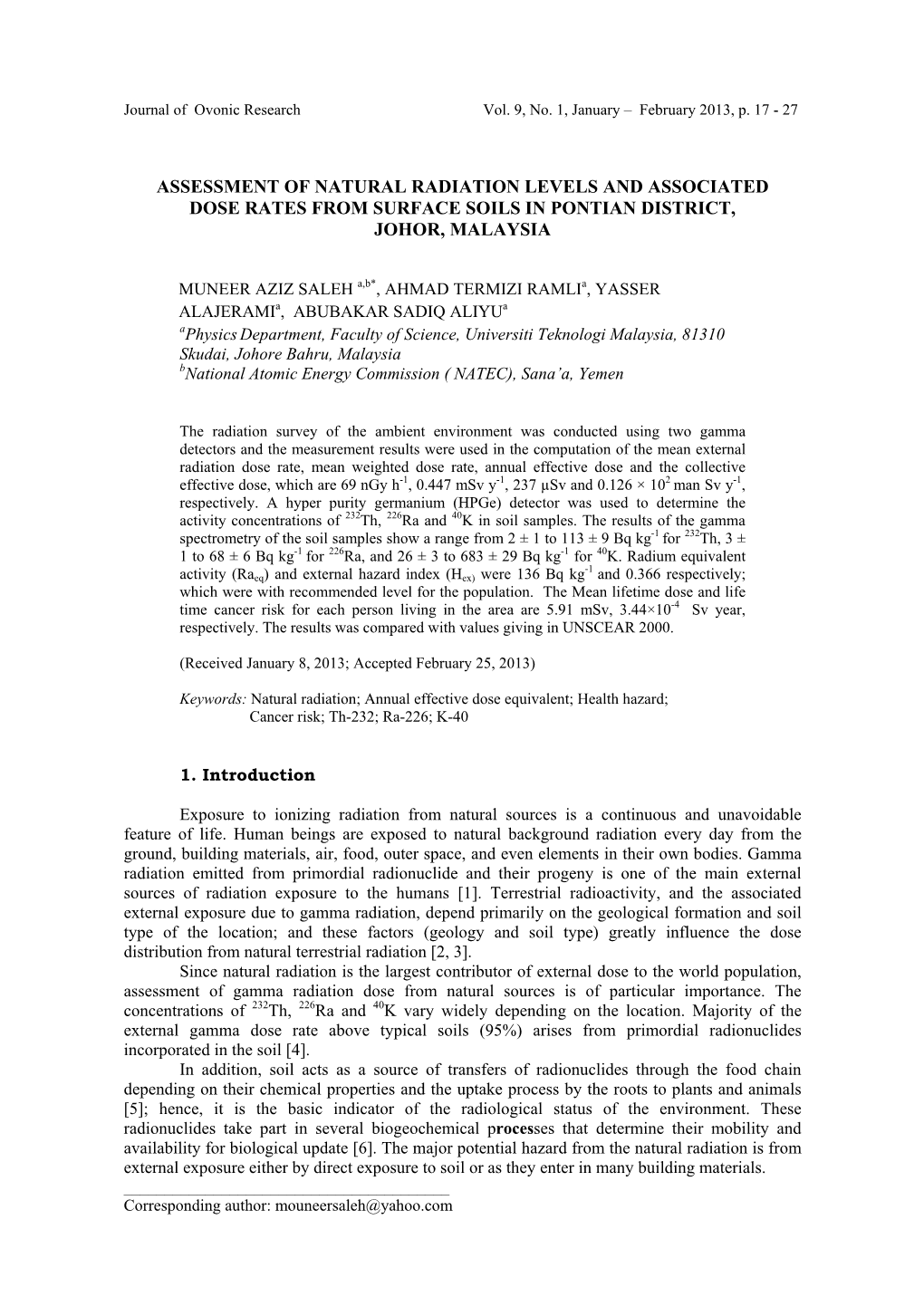 Assessment of Natural Radiation Levels and Associated Dose Rates from Surface Soils in Pontian District, Johor, Malaysia