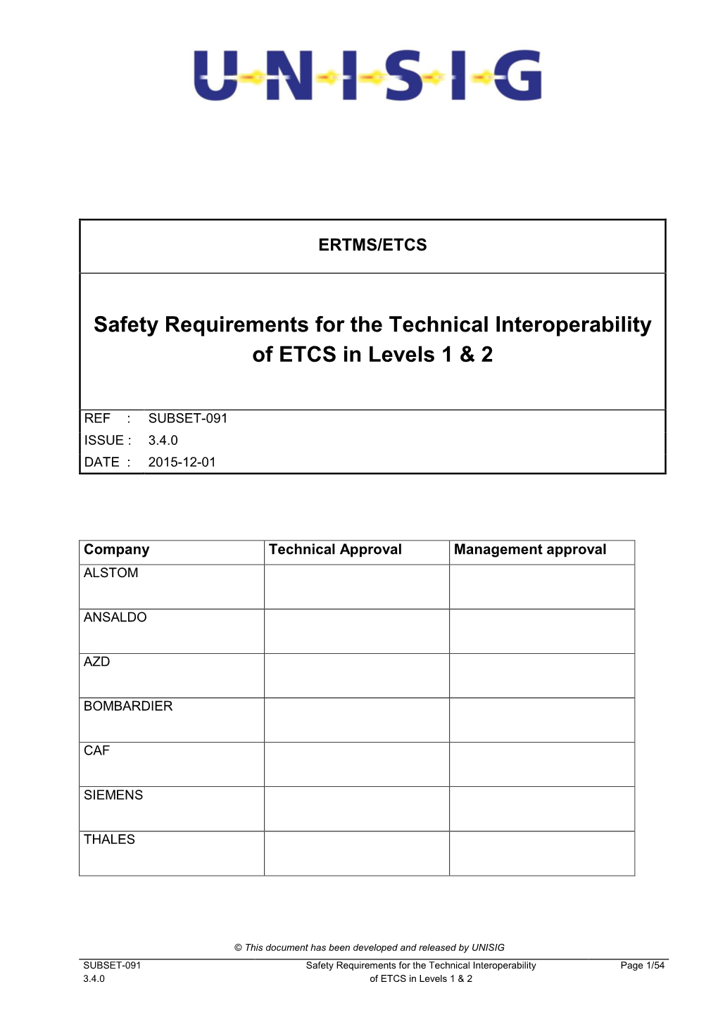 Safety Requirements for the Technical Interoperability of ETCS in Levels 1 & 2