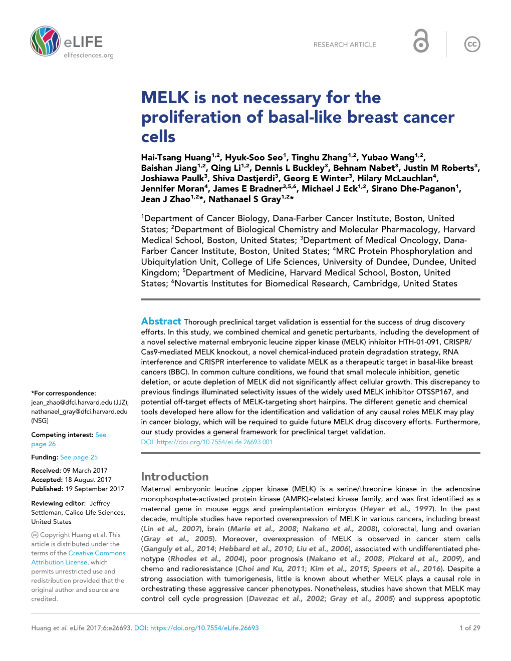 MELK Is Not Necessary for the Proliferation of Basal-Like Breast Cancer Cells