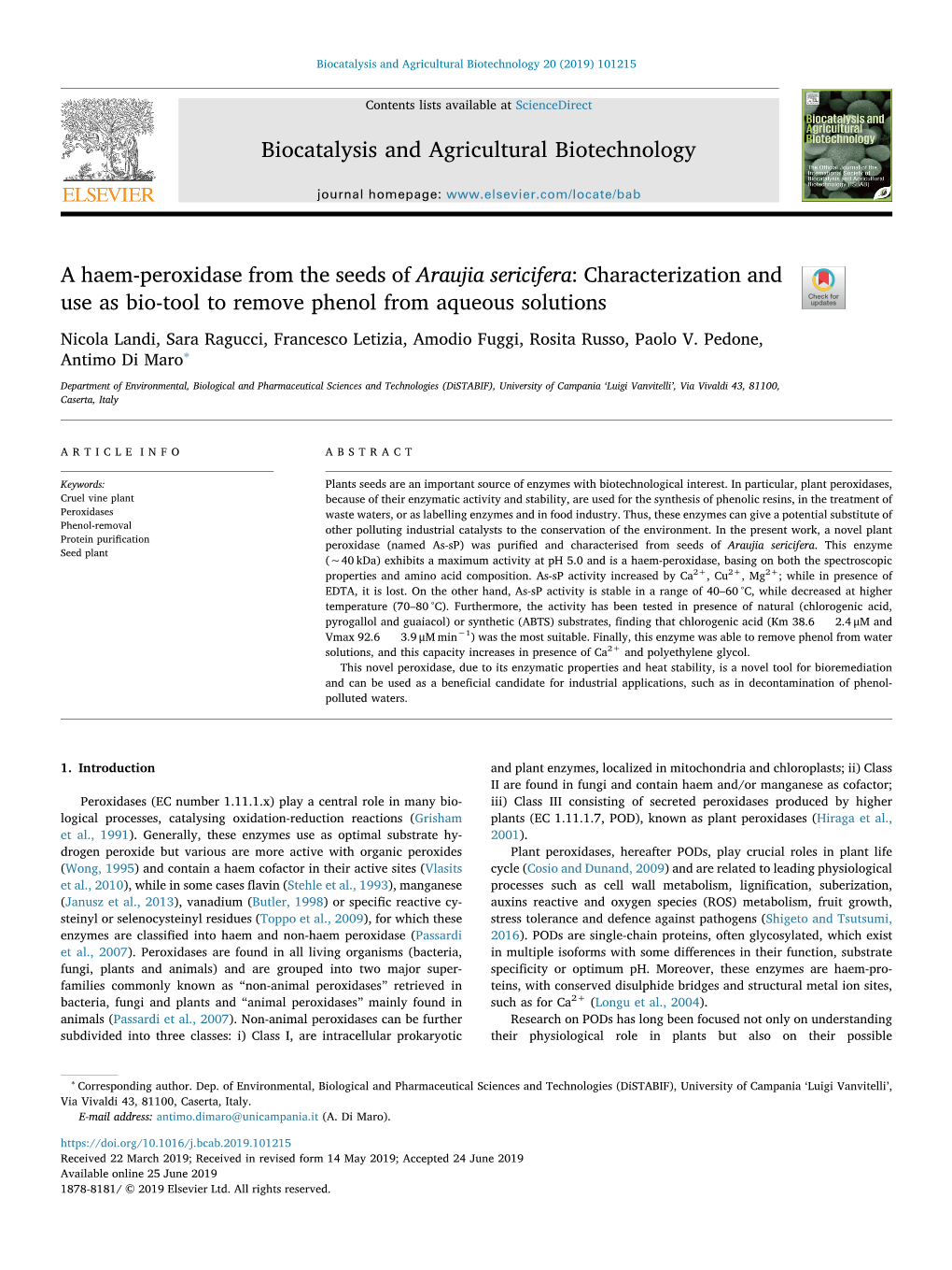 A Haem-Peroxidase from the Seeds of Araujia Sericifera Characterization