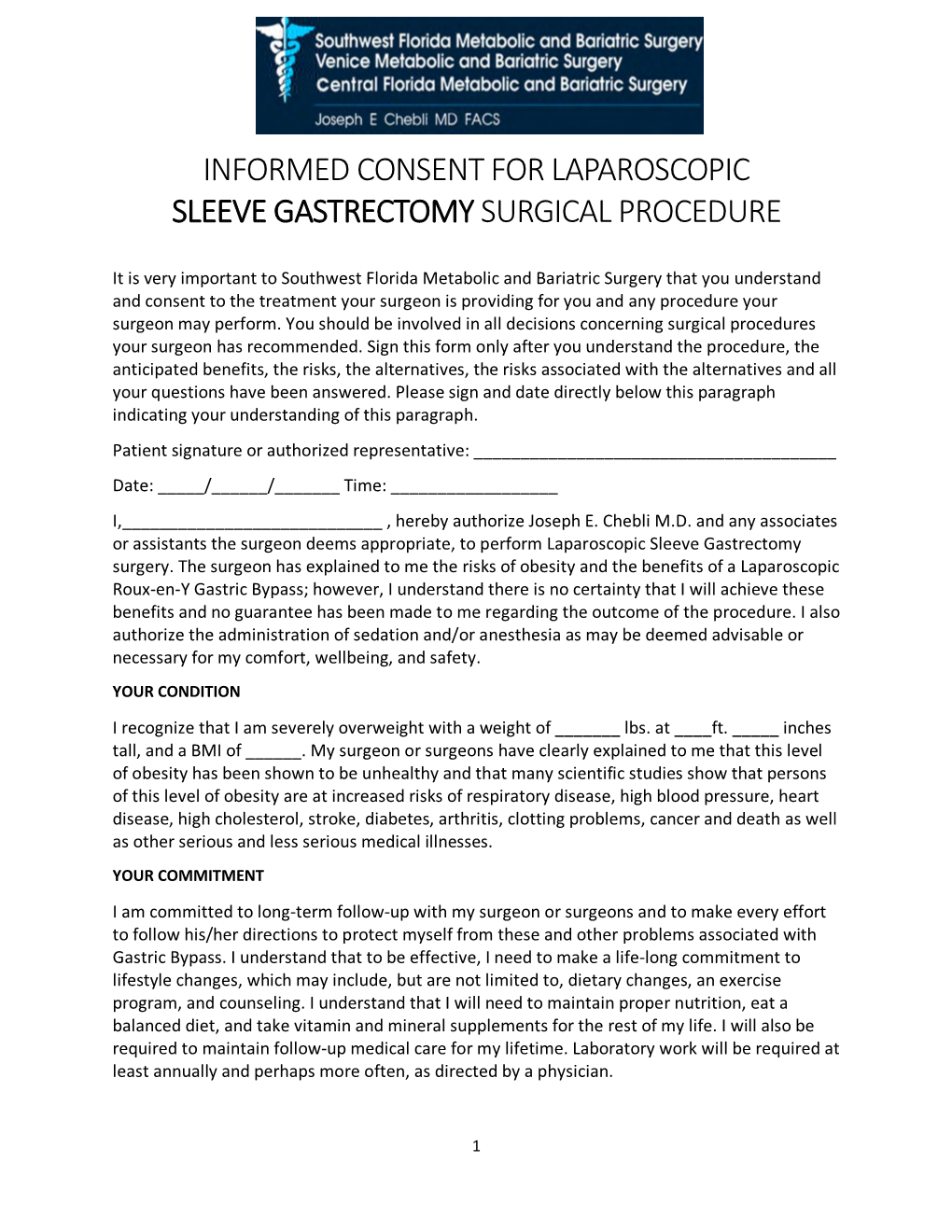 Informed Consent for Laparoscopic Sleeve Gastrectomy Surgical Procedure