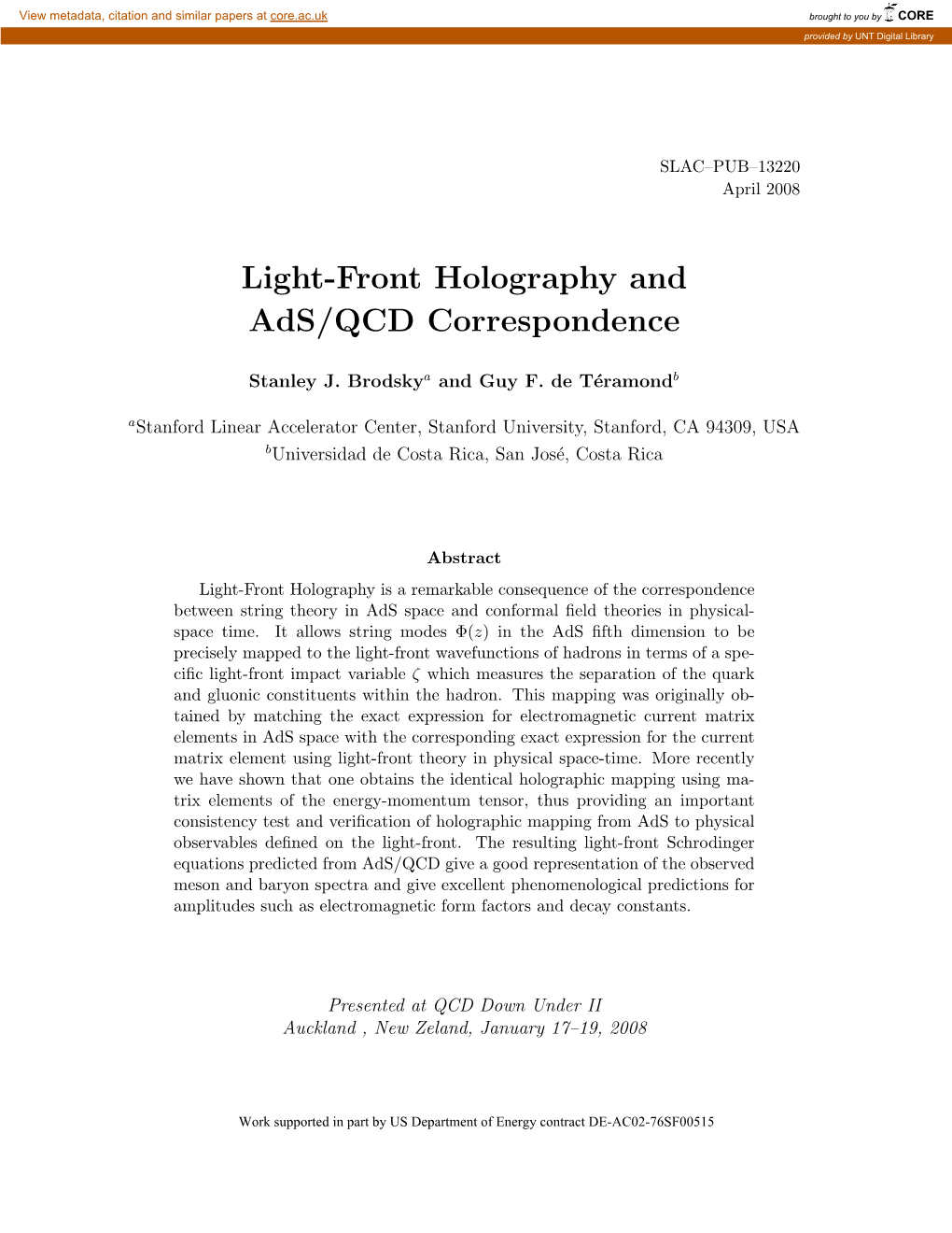 Light-Front Holography and Ads/QCD Correspondence