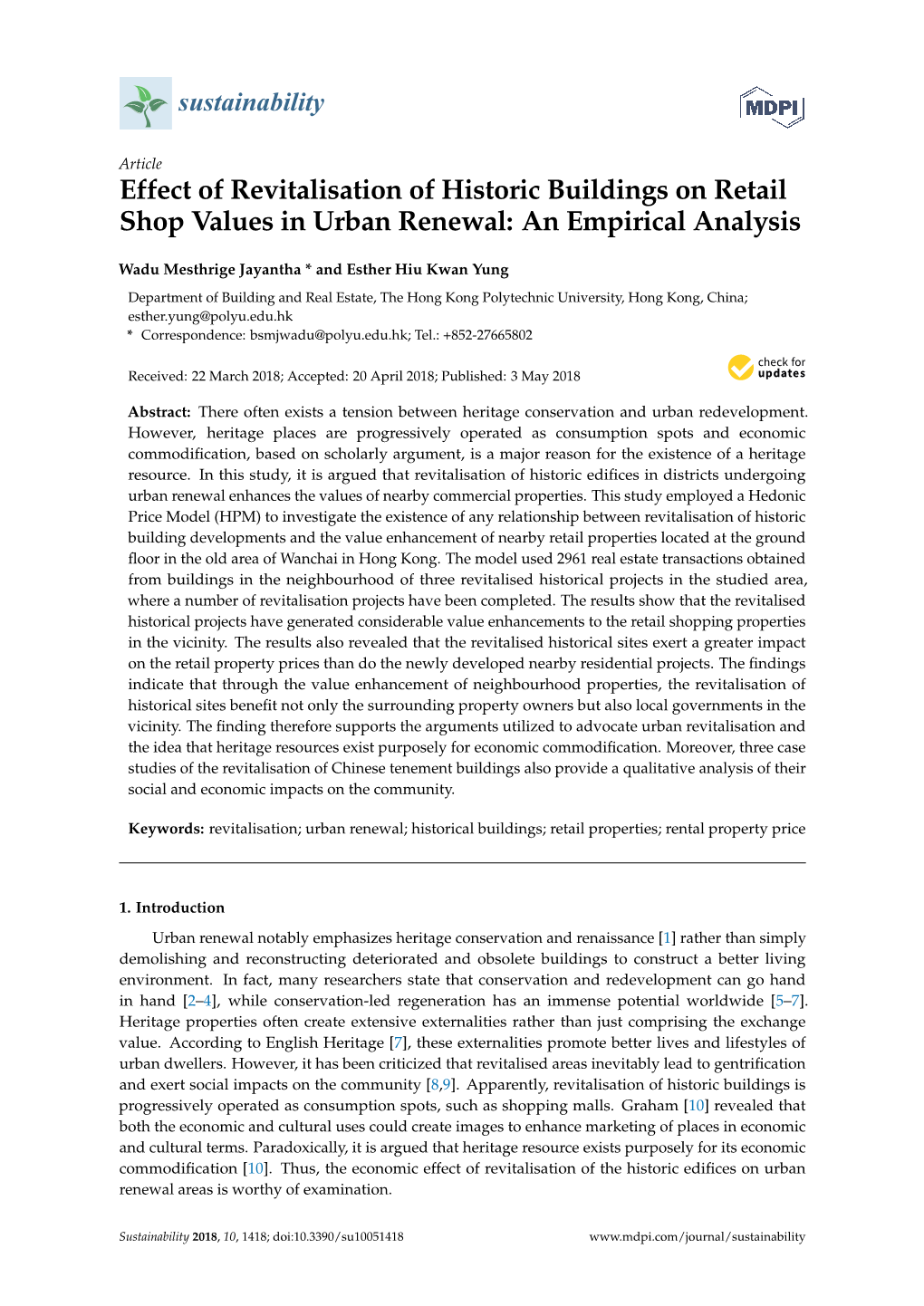 Effect of Revitalisation of Historic Buildings on Retail Shop Values in Urban Renewal: an Empirical Analysis