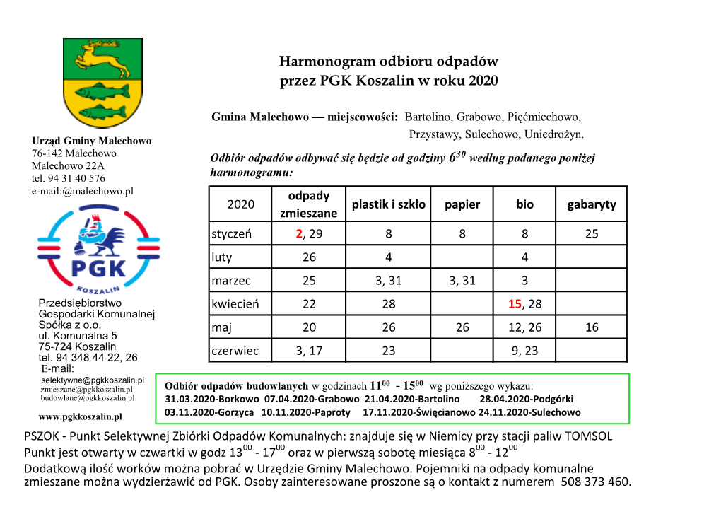 Harmonogram Odbioru Odpadów Przez PGK Koszalin W Roku 2020