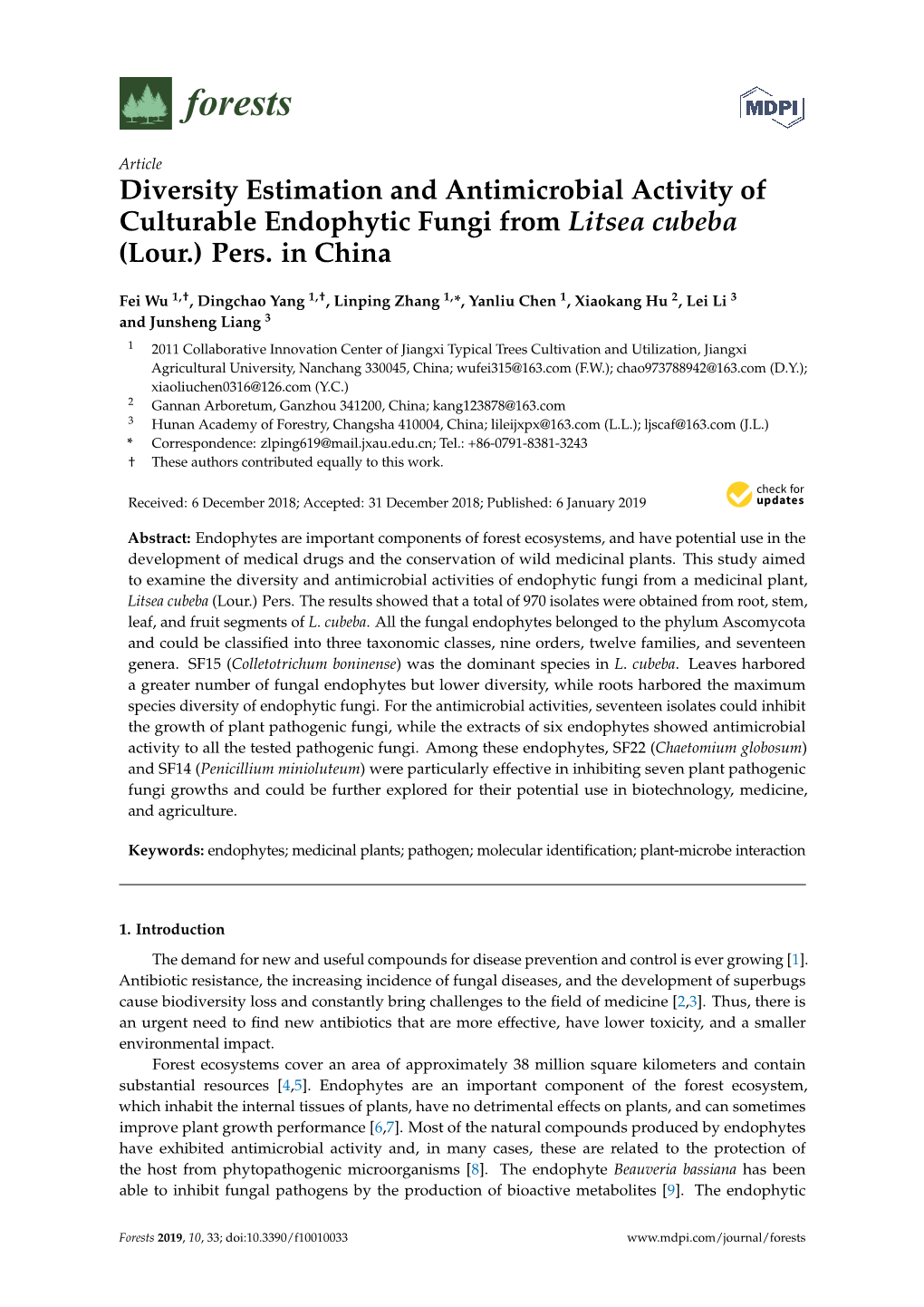 Diversity Estimation and Antimicrobial Activity of Culturable Endophytic Fungi from Litsea Cubeba (Lour.) Pers