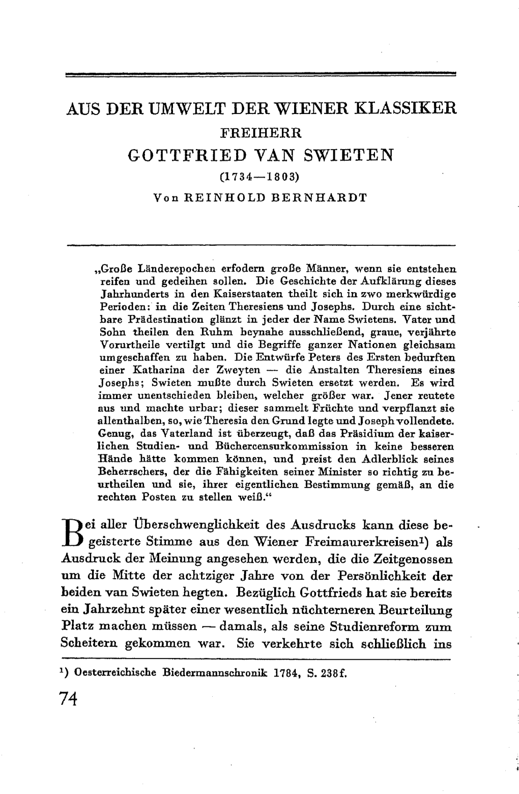 FREIHERR GOTTFRIED VAN SWIETEN (1734-1803) Von REINHOLD BERNHARDT