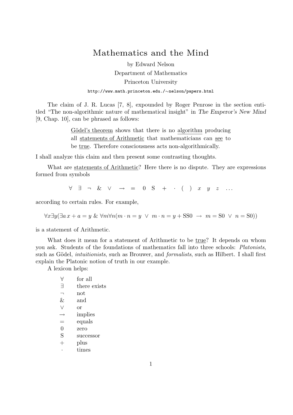 Mathematics and the Mind by Edward Nelson Department of Mathematics Princeton University Nelson/Papers.Html ∼ the Claim of J