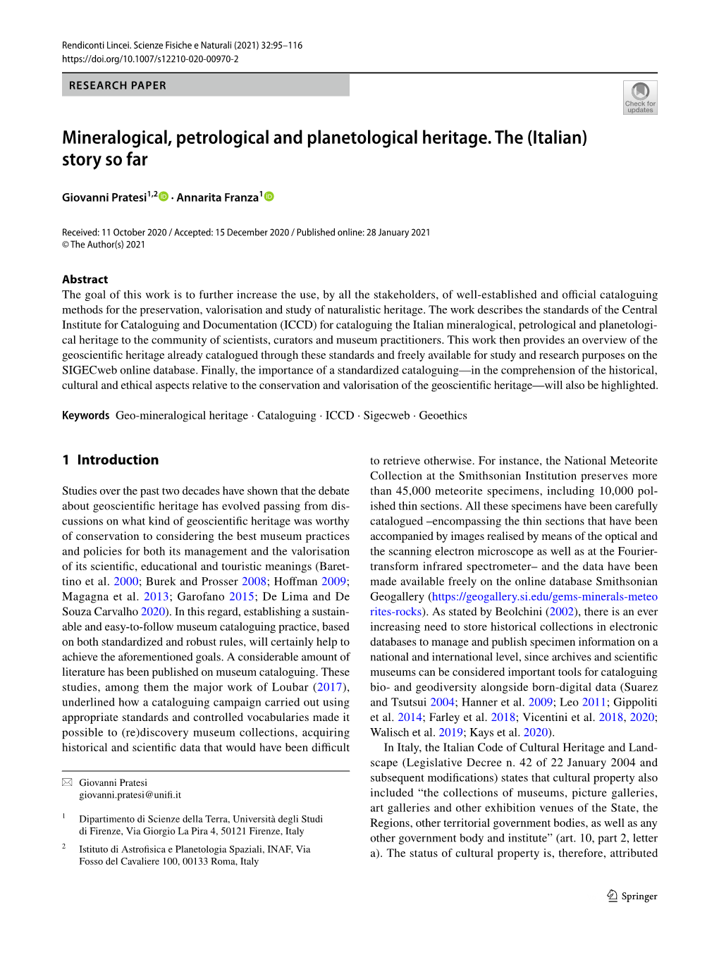 Mineralogical, Petrological and Planetological Heritage. the (Italian) Story So Far