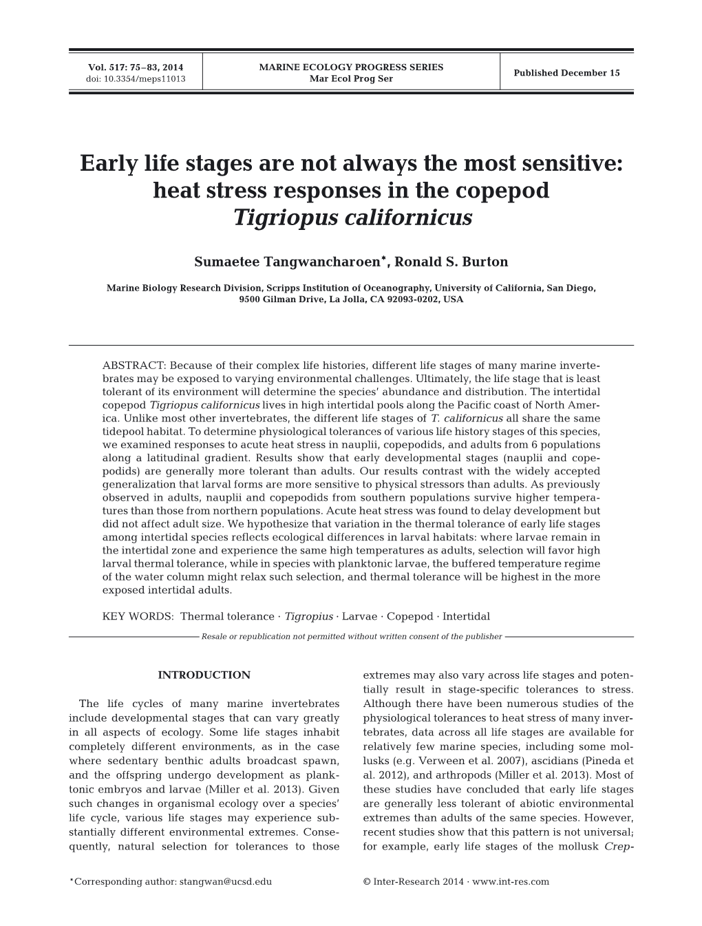 Heat Stress Responses in the Copepod Tigriopus Californicus