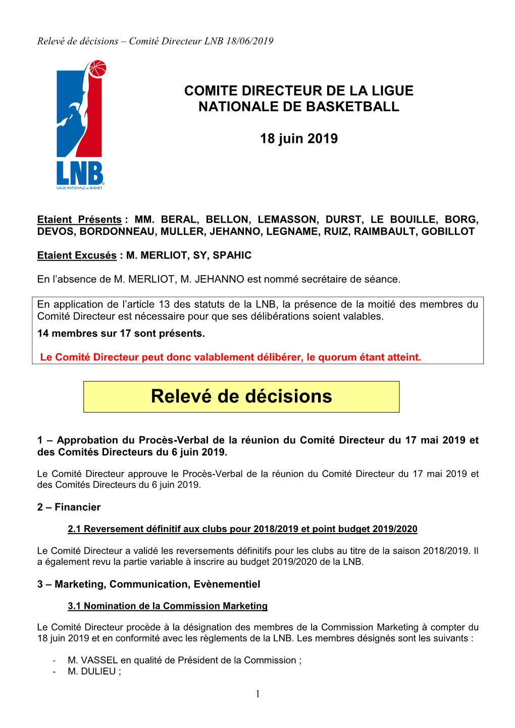 Relevé De Décisions – Comité Directeur LNB 18/06/2019