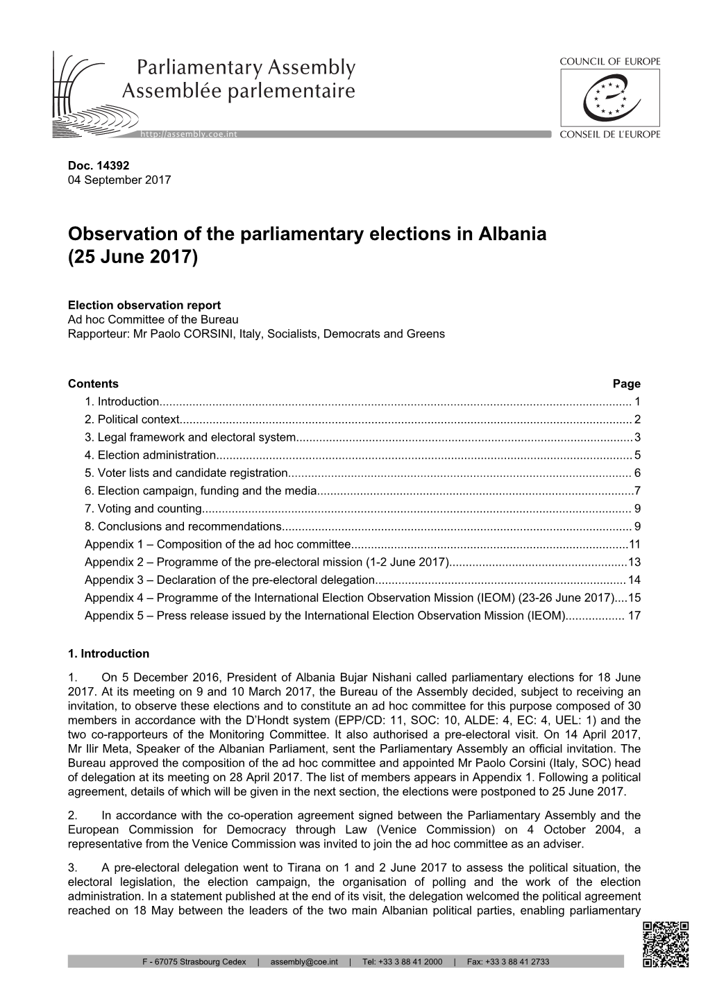 Observation of the Parliamentary Elections in Albania (25 June 2017)