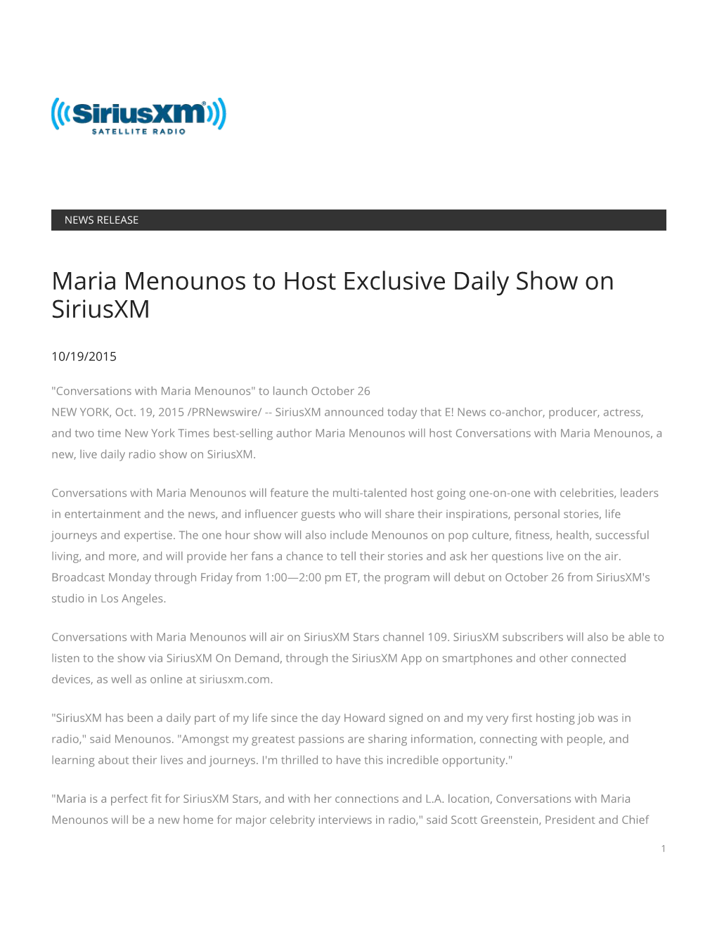 Maria Menounos to Host Exclusive Daily Show on Siriusxm