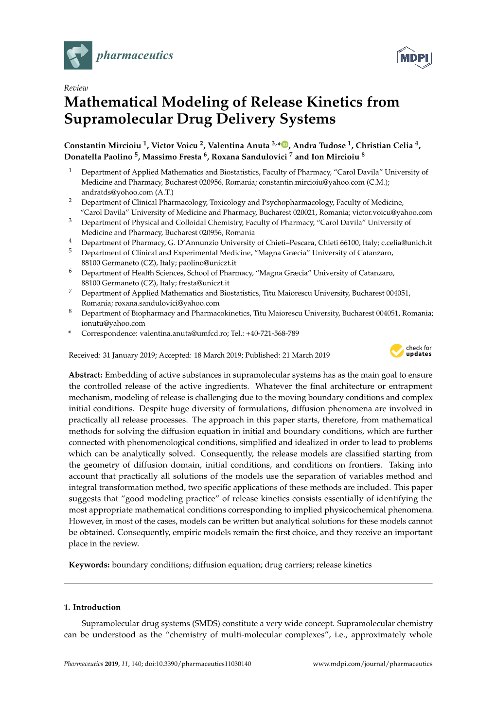 Mathematical Modeling of Release Kinetics from Supramolecular Drug Delivery Systems