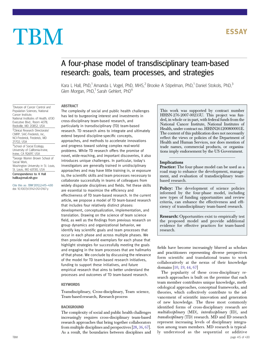 A Four-Phase Model of Transdisciplinary Team-Based Research: Goals, Team Processes, and Strategies