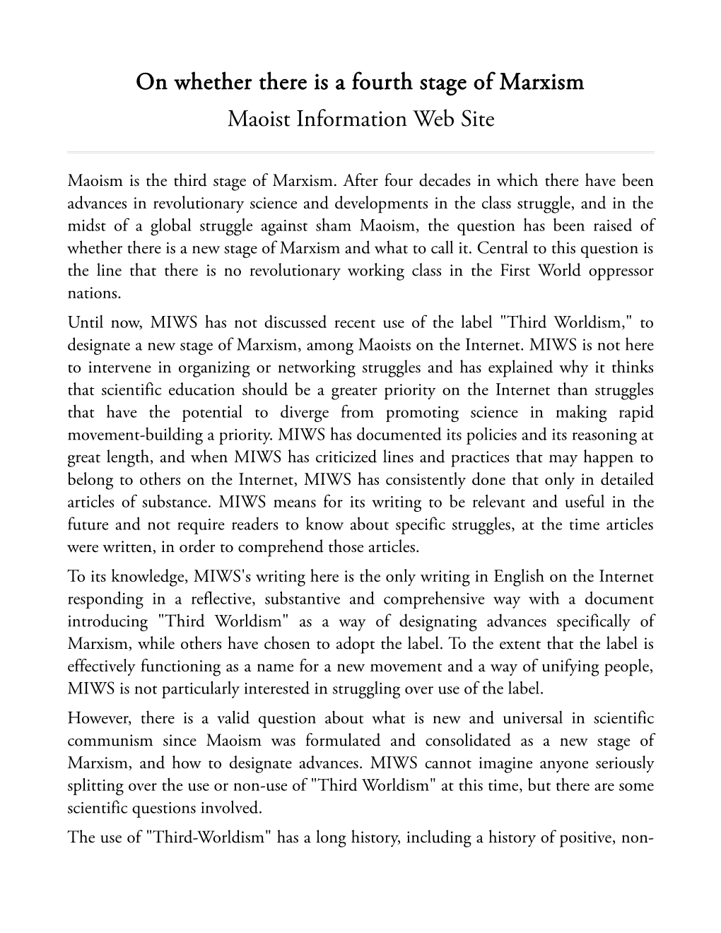 On Whether There Is a Fourth Stage of Marxism Maoist Information Web Site
