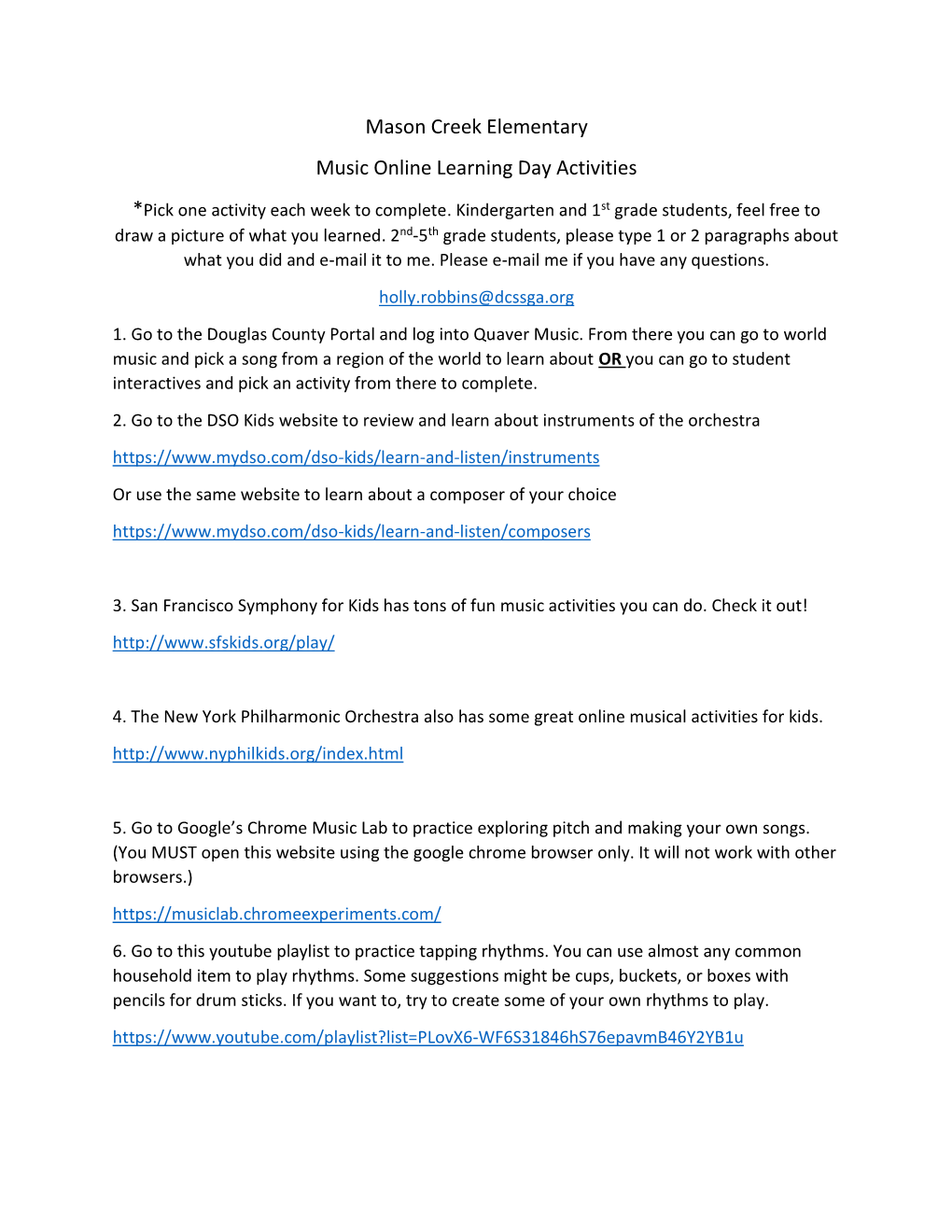 Mason Creek Elementary Music Online Learning Day Activities