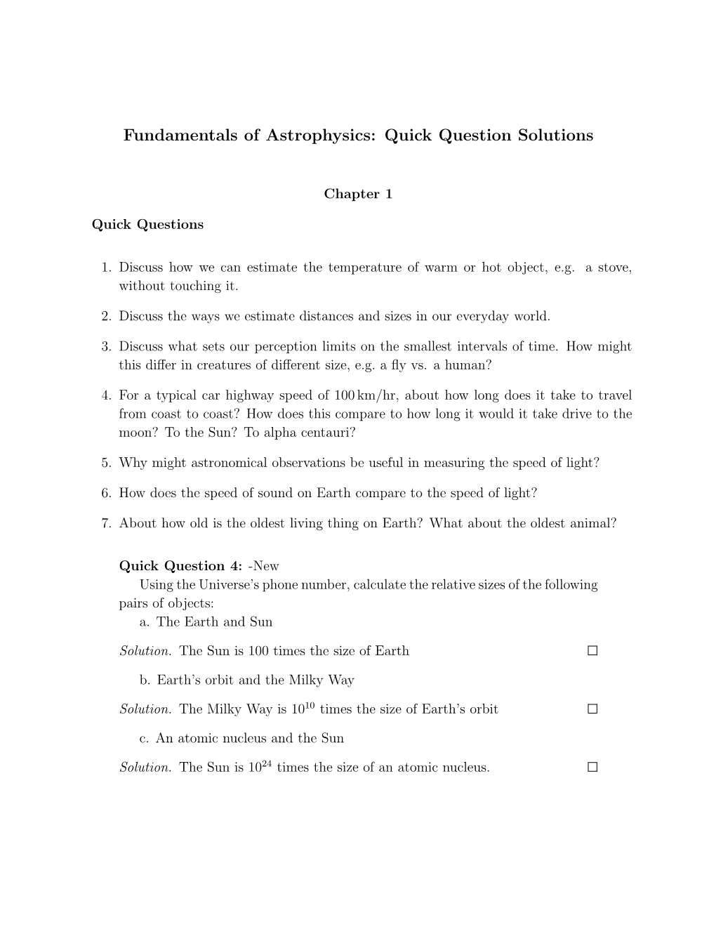 Fundamentals of Astrophysics: Quick Question Solutions