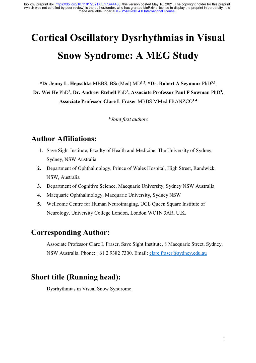 Cortical Oscillatory Dysrhythmias in Visual Snow Syndrome: a MEG Study