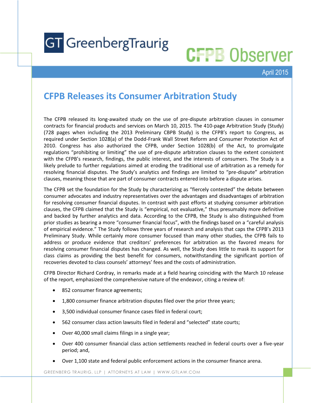 CFPB Releases Its Consumer Arbitration Study