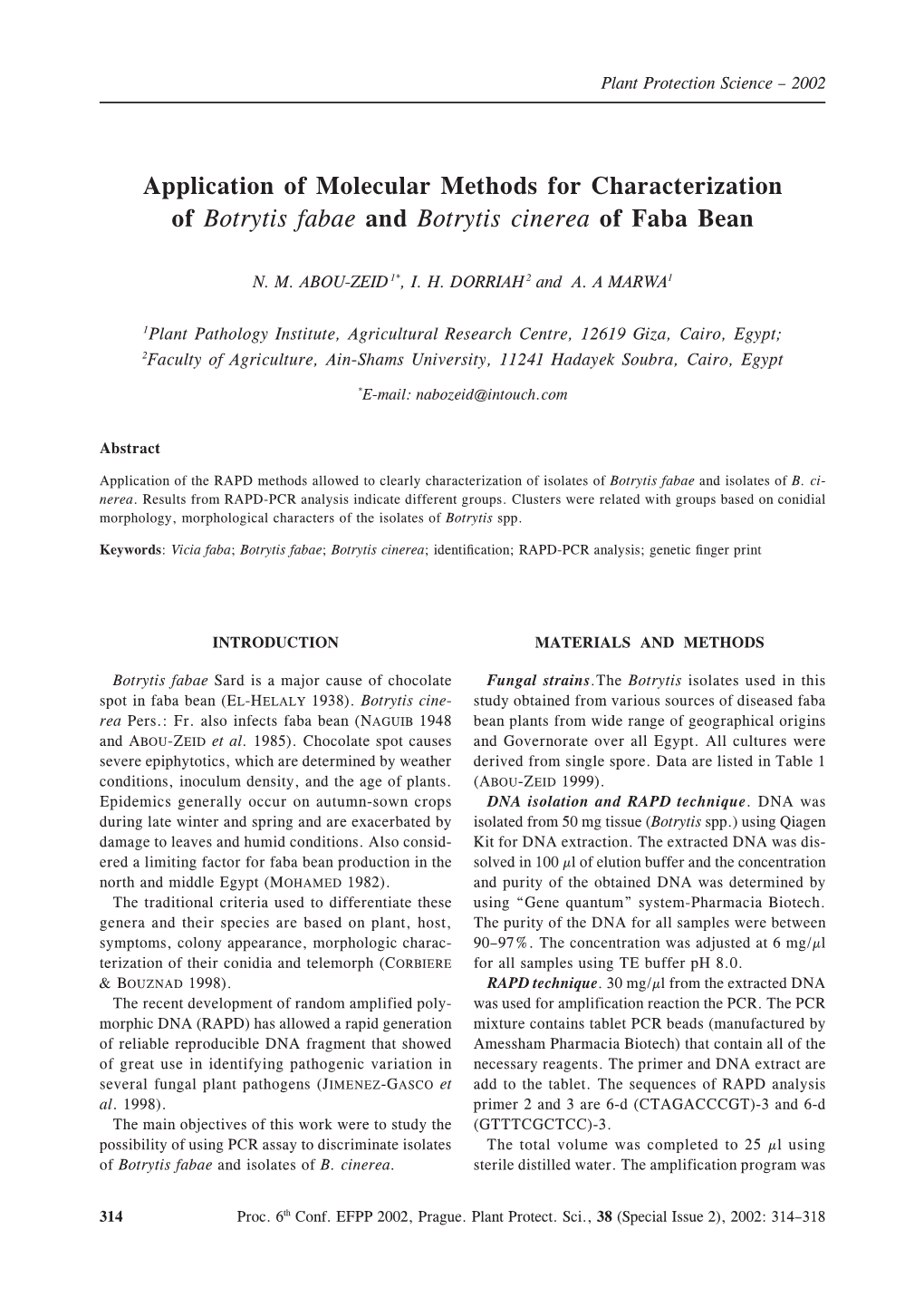 Application of Molecular Methods for Characterization of Botrytis Fabae and Botrytis Cinerea of Faba Bean