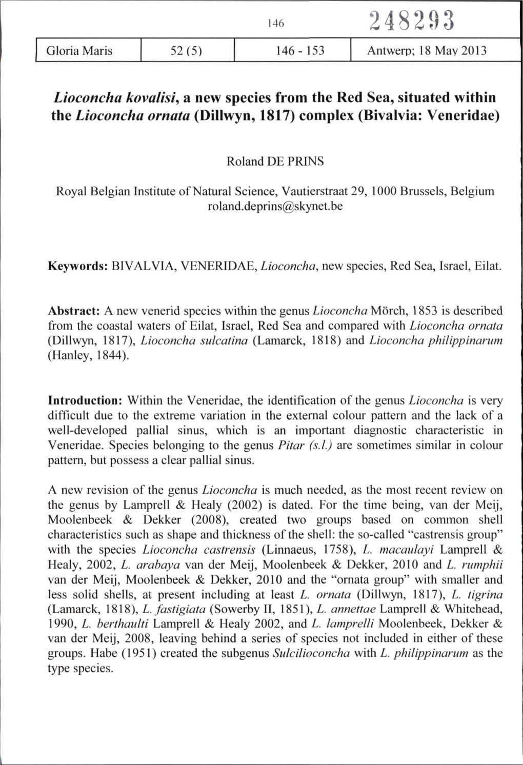 Lioconcha Kovalisi, a New Species from the Red Sea, Situated Within the Lioconcha Ornata (Dillwyn, 1817) Complex (Bivalvia: Veneridae)