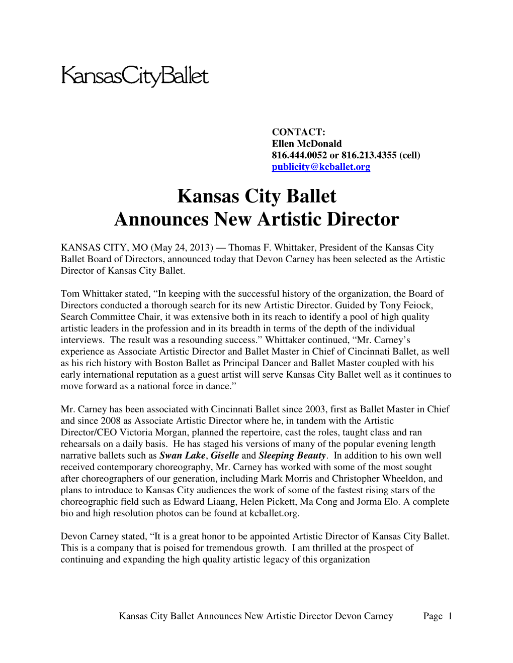 May 24, 2013 Kansas City Ballet Announces New Artistic Director