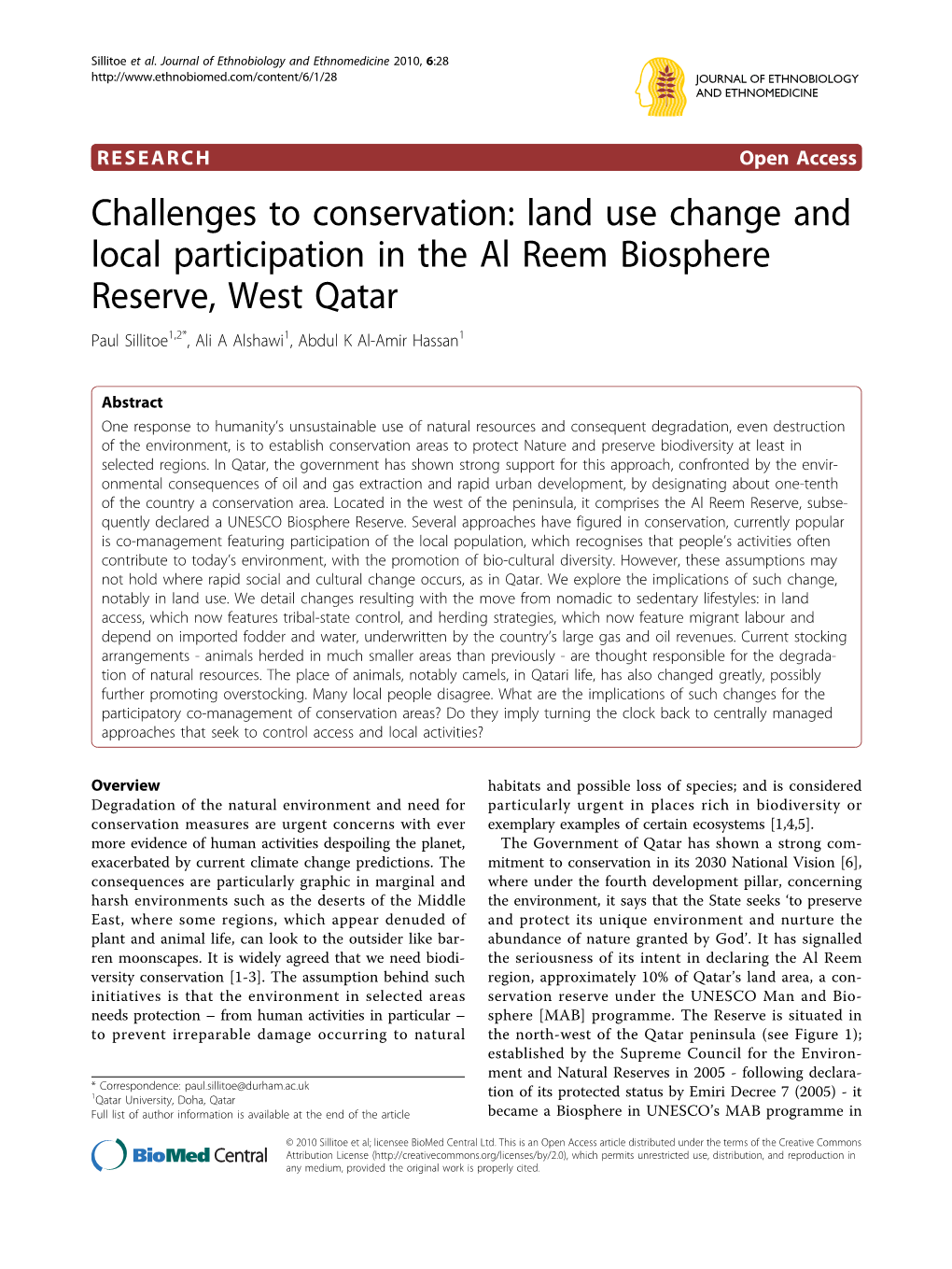 Land Use Change and Local Participation in the Al Reem Biosphere Reserve, West Qatar Paul Sillitoe1,2*, Ali a Alshawi1, Abdul K Al-Amir Hassan1