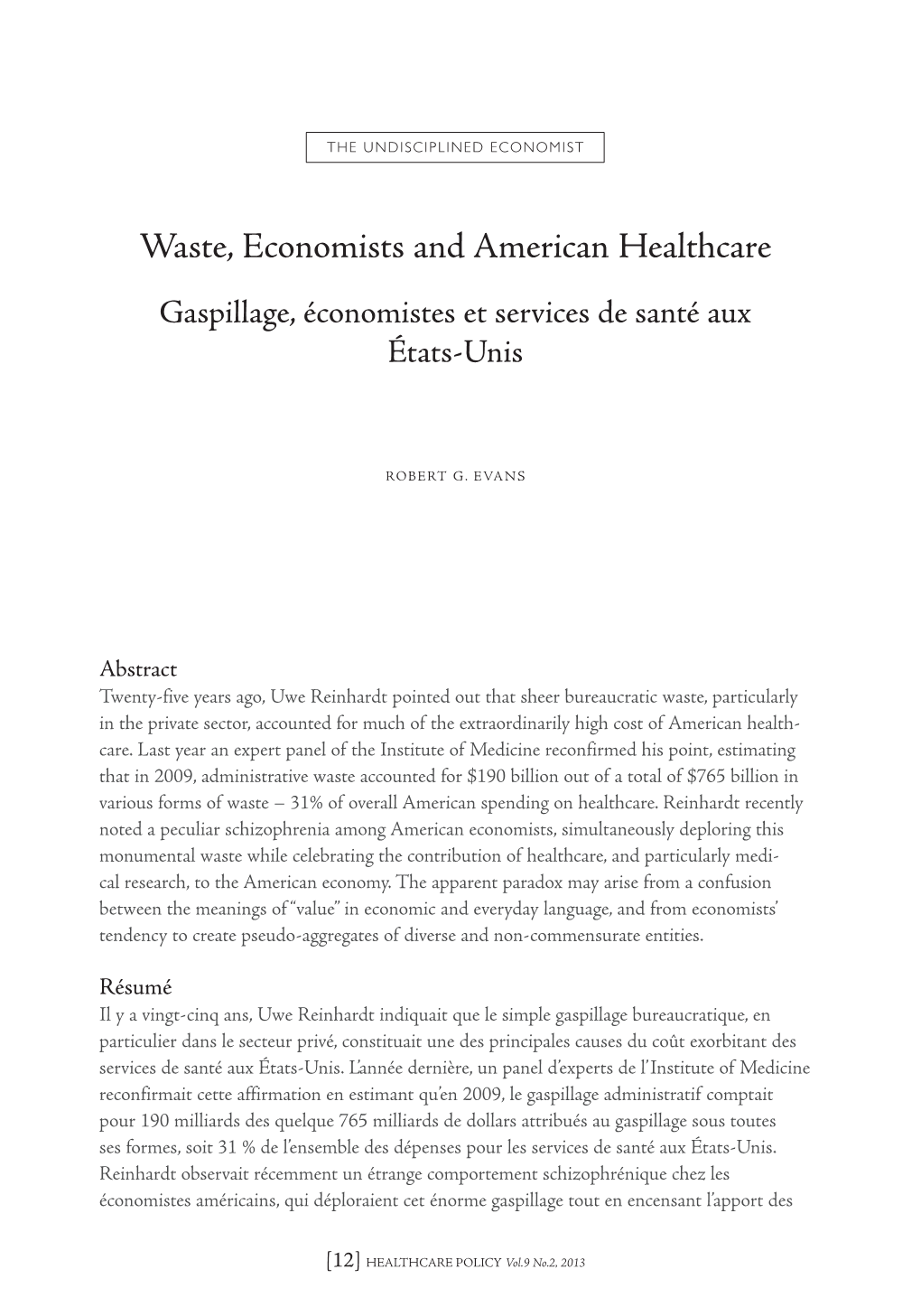 Waste, Economists and American Healthcare Gaspillage, Économistes Et Services De Santé Aux États-Unis