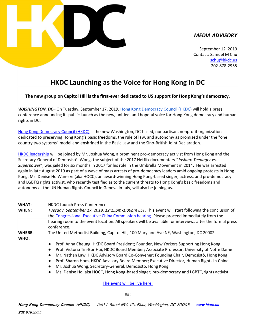 HKDC Launching As the Voice for Hong Kong in DC