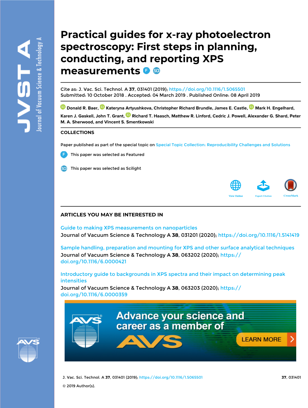 Practical Guides for X-Ray Photoelectron Spectroscopy: First Steps in Planning, Conducting, and Reporting XPS Measurements