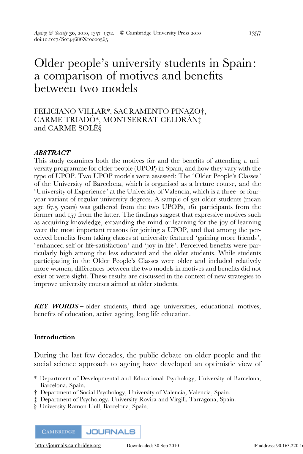 Older People's University Students in Spain: a Comparison of Motives And