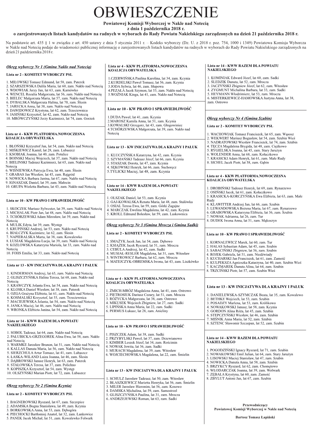 OBWIESZCZENIE Powiatowej Komisji Wyborczej W Nakle Nad Notecią Z Dnia 1 Października 2018 R