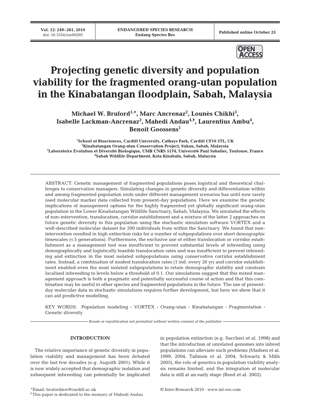 Projecting Genetic Diversity and Population Viability for the Fragmented Orang-Utan Population in the Kinabatangan Floodplain, Sabah, Malaysia