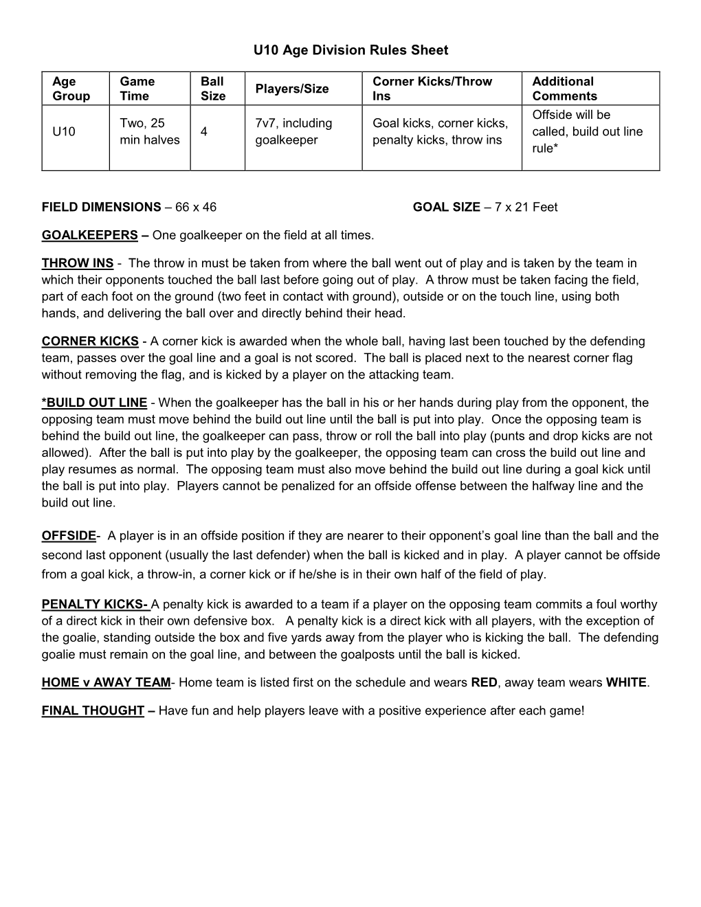 U10 Age Division Rules Sheet