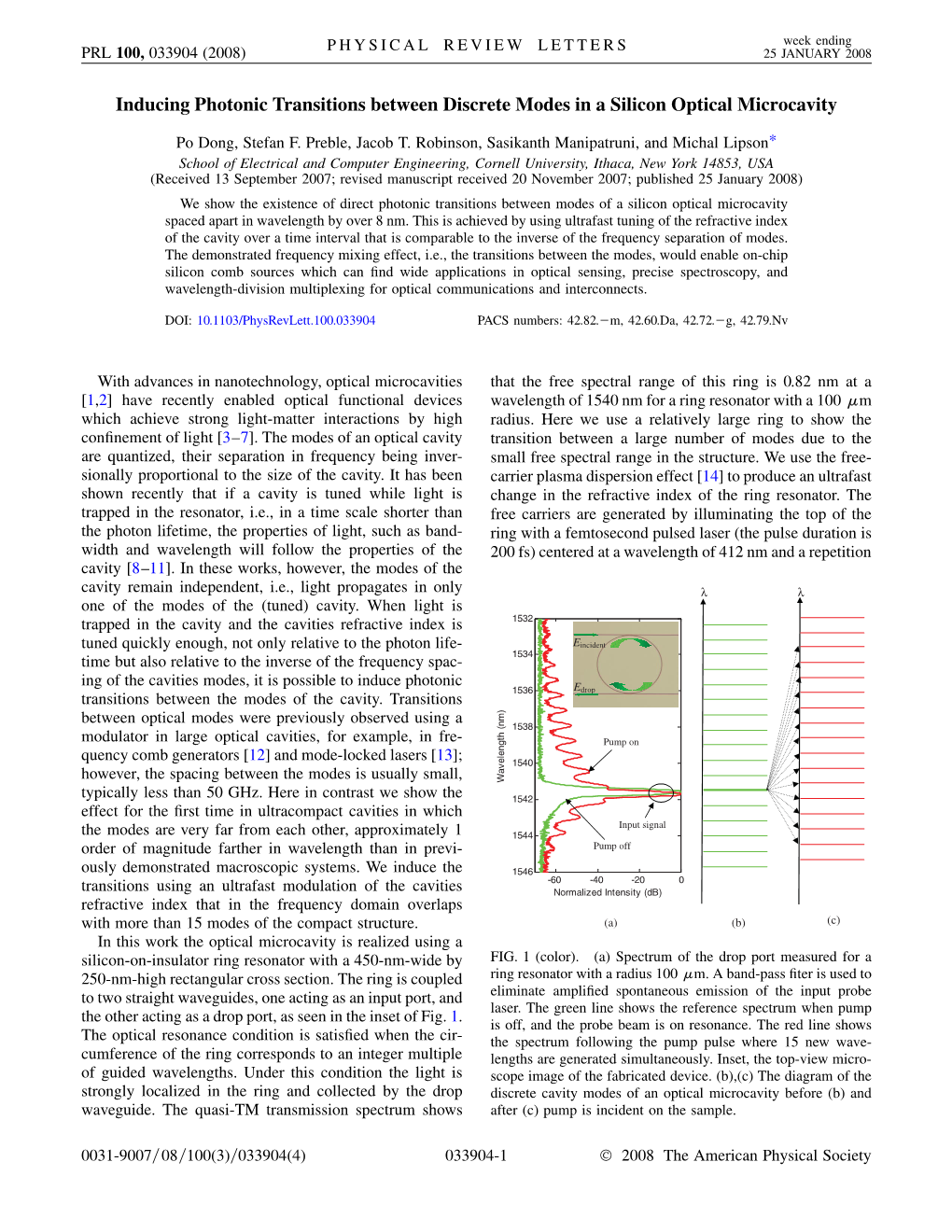 Inducing Photonic Transitions Between Discrete Modes in a Silicon Optical Microcavity