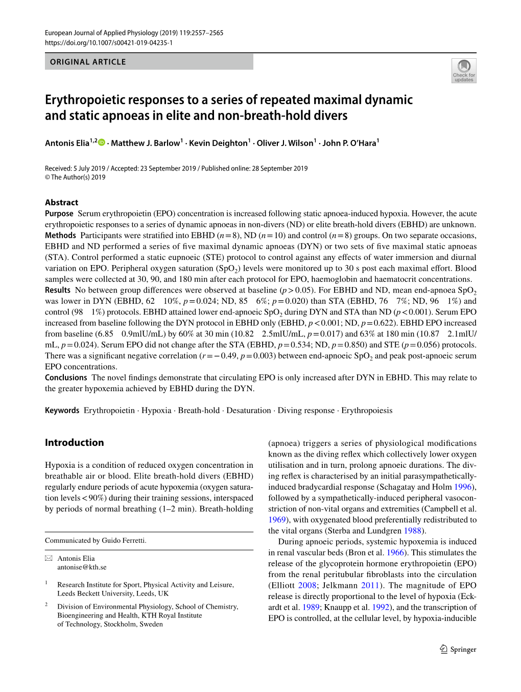 Erythropoietic Responses to a Series of Repeated Maximal Dynamic and Static Apnoeas in Elite and Non‑Breath‑Hold Divers