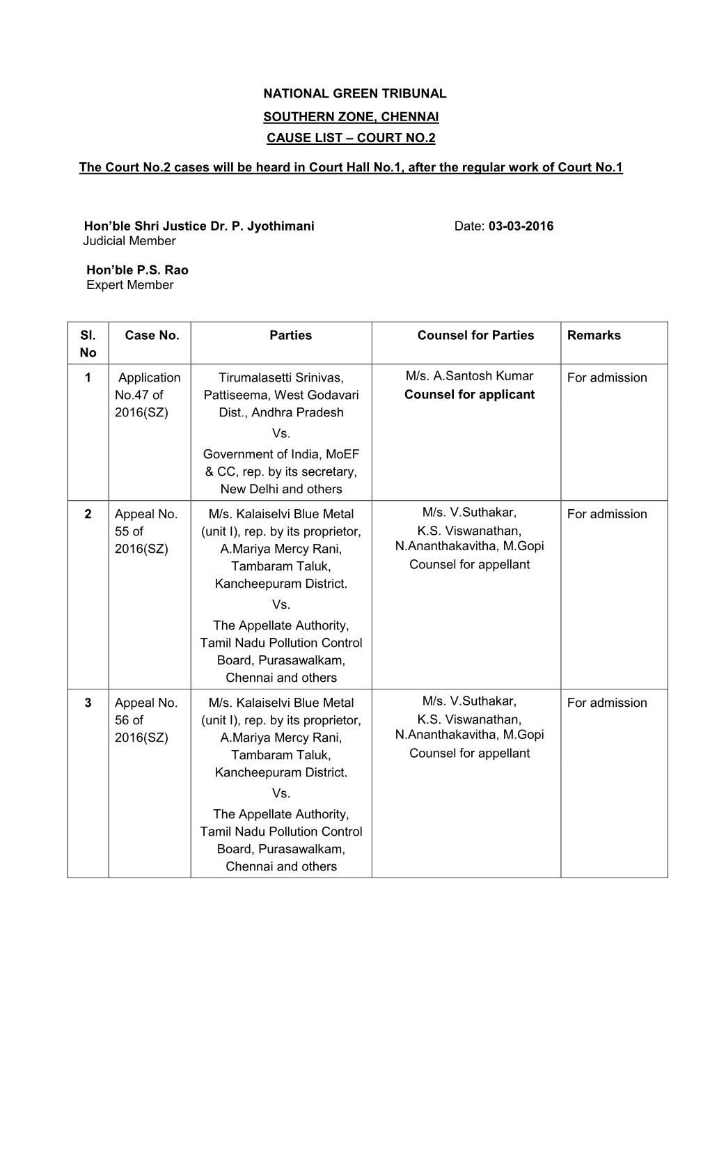 National Green Tribunal Southern Zone, Chennai Cause List – Court No.2