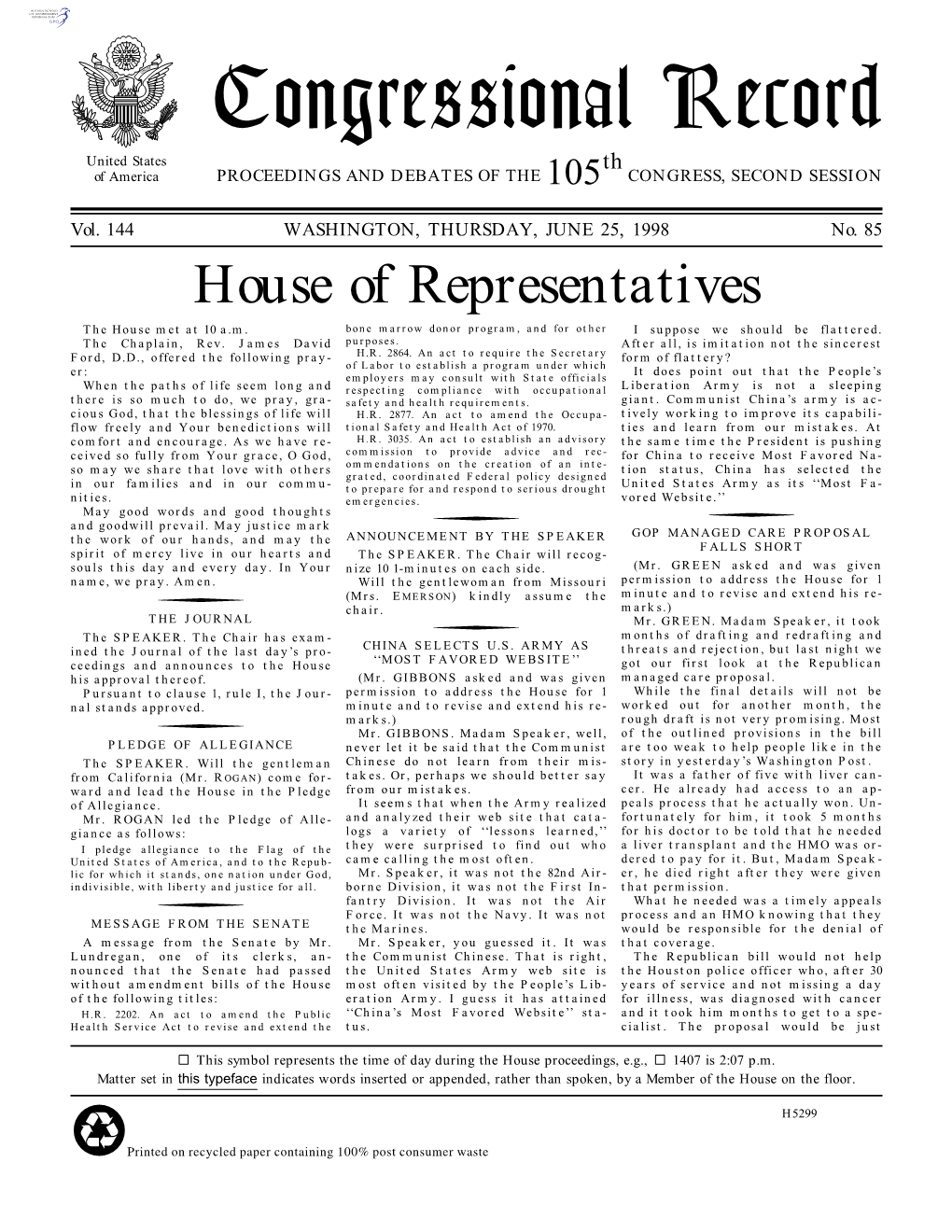 Congressional Record United States Th of America PROCEEDINGS and DEBATES of the 105 CONGRESS, SECOND SESSION