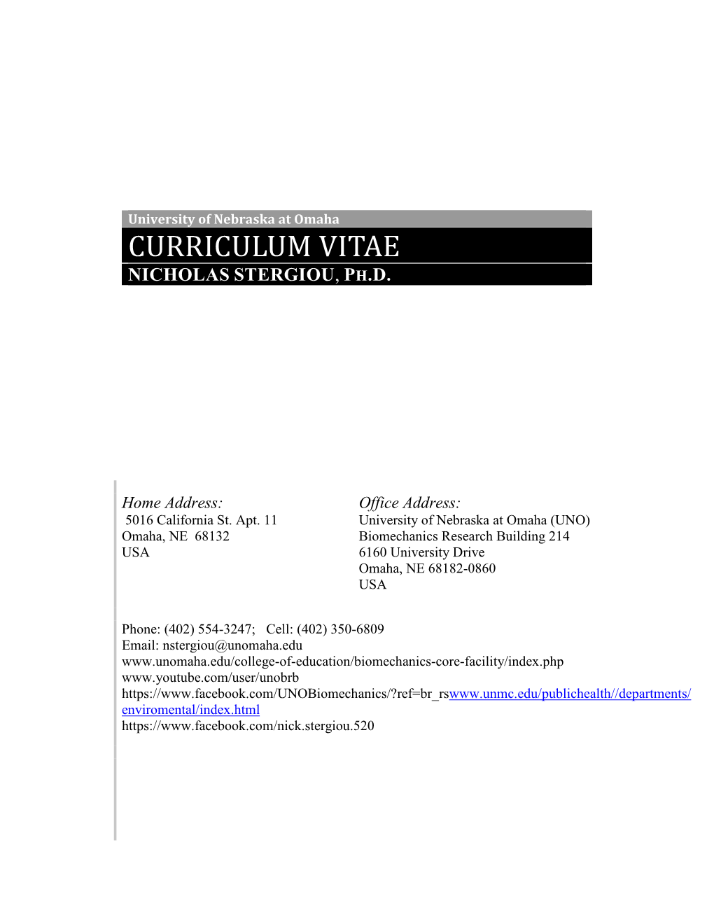 Curriculum Vitae Nicholas Stergiou, Ph.D