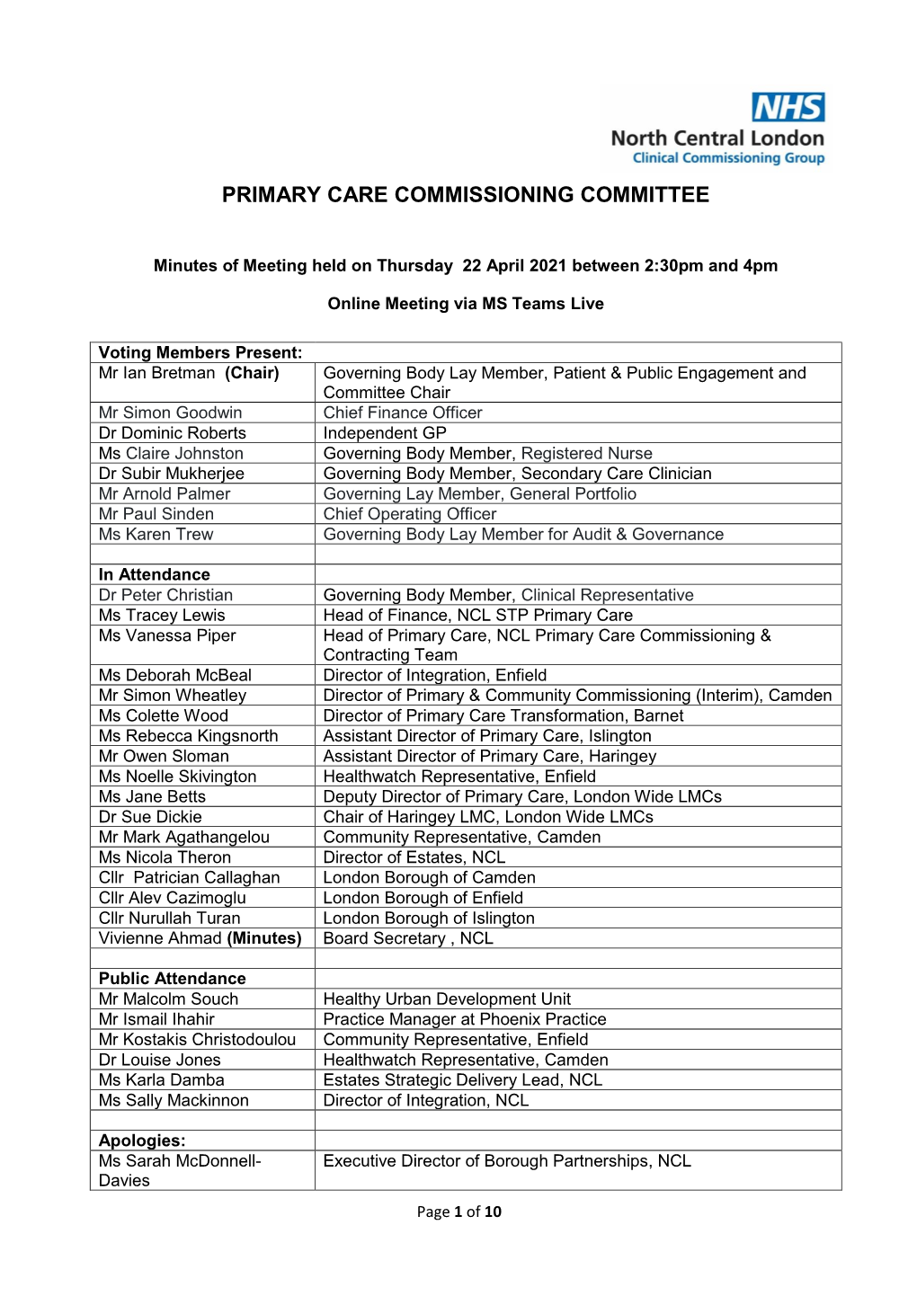 Primary Care Commissioning Committee