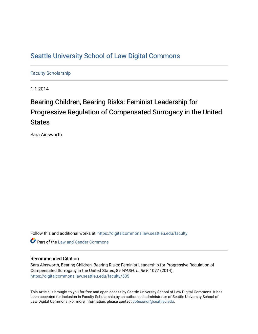 Feminist Leadership for Progressive Regulation of Compensated Surrogacy in the United States