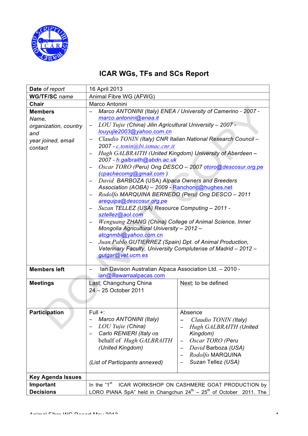 ICAR AFWG Report to the Board 2013