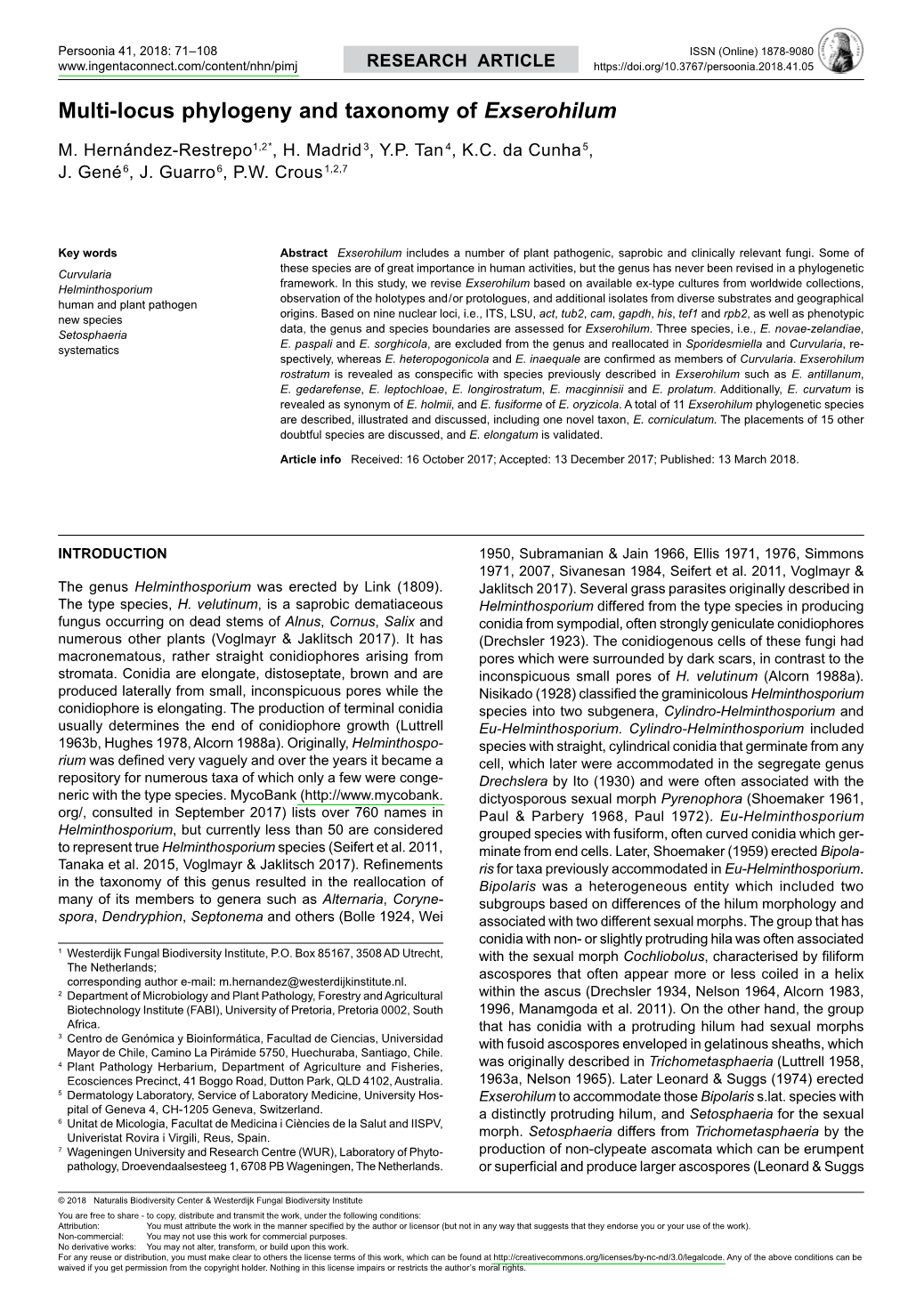 Multi-Locus Phylogeny and Taxonomy of <I> Exserohilum</I>