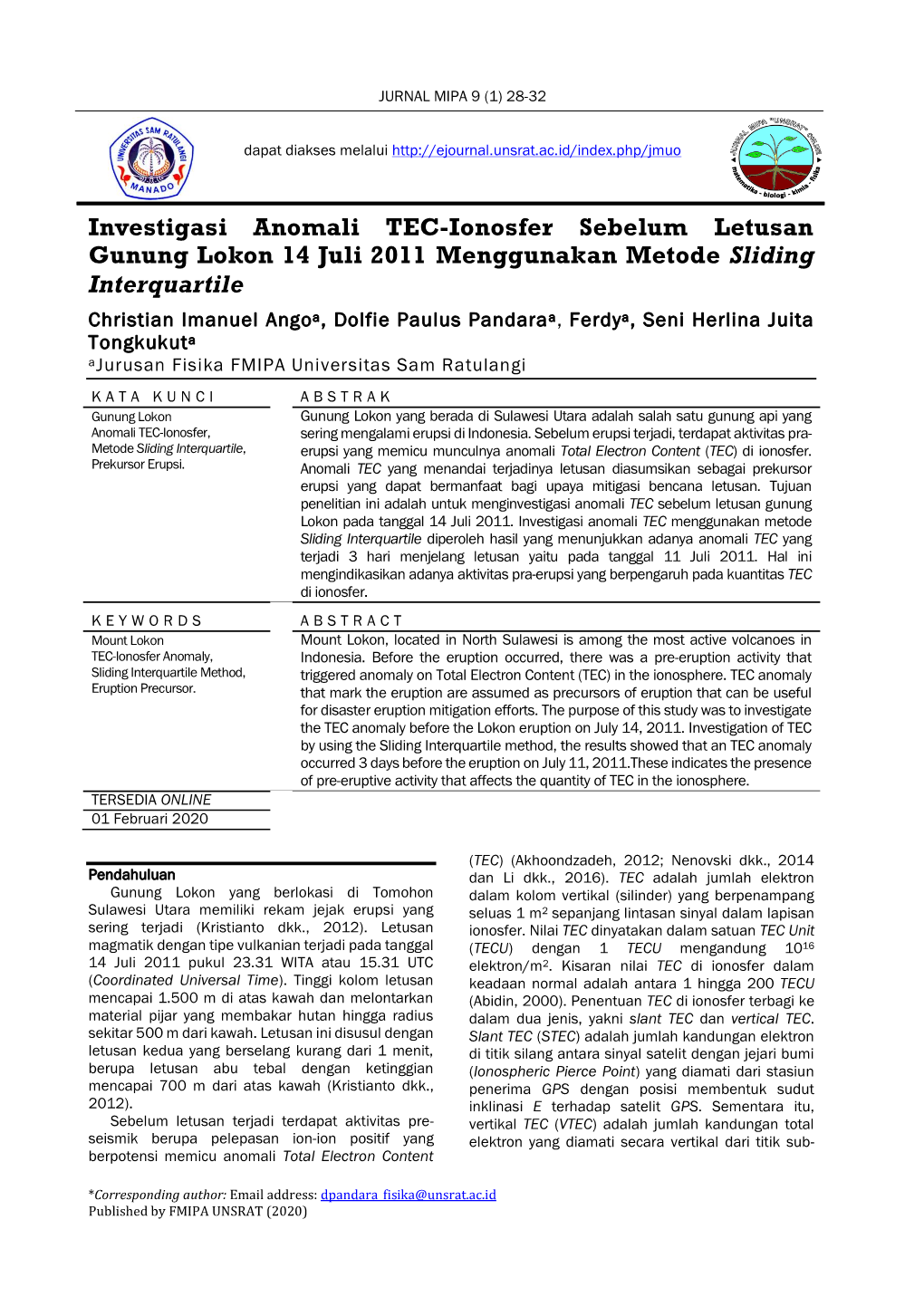 Investigasi Anomali TEC-Ionosfer Sebelum Letusan Gunung Lokon